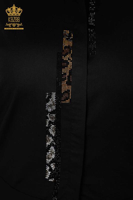 الجملة قميص نسائي مخطط حجر مطرز أسود - 20060 | كازي