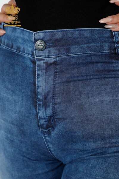 بنطلون جينز نسائي - فضي اللون مطرز بالأزرق - 3567 | كازي - Thumbnail
