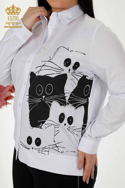 قميص نسائي بالجملة - نمط قطة - أبيض - 20318 | كازي - Thumbnail