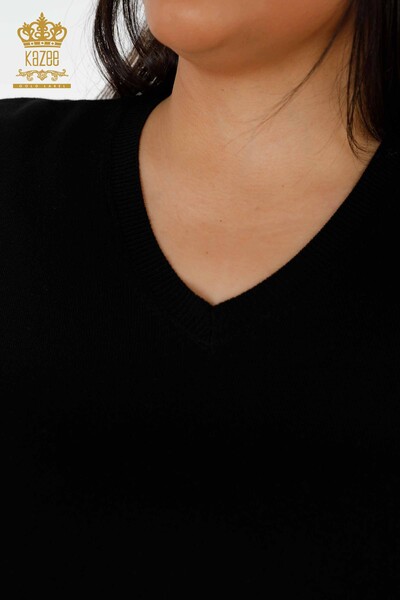 جاكيت تريكو نسائي برقبة على شكل V أسود بالجملة - 15685 | كازي - Thumbnail