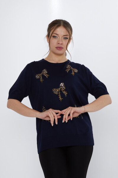 Maglione in maglia con fiocco in pietra ricamato blu navy - 31577 | KAZEE (Set di 3 XL-2XL-3XL) 
