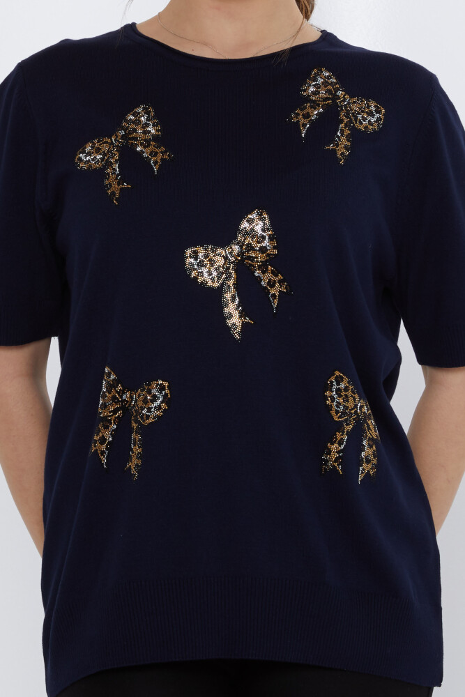 Maglione in maglia con fiocco in pietra ricamato blu navy - 31577 | KAZEE (Set di 3 XL-2XL-3XL) - 3