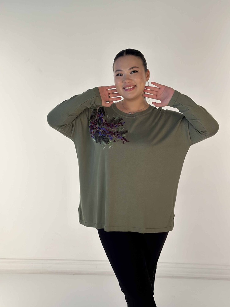 Maglione in maglia da donna all'ingrosso con ricamo in pietra a maniche lunghe color cachi - 30750 | CAZZO - 1