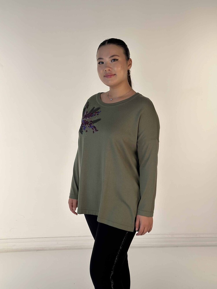 Maglione in maglia da donna all'ingrosso con ricamo in pietra a maniche lunghe color cachi - 30750 | CAZZO - 2