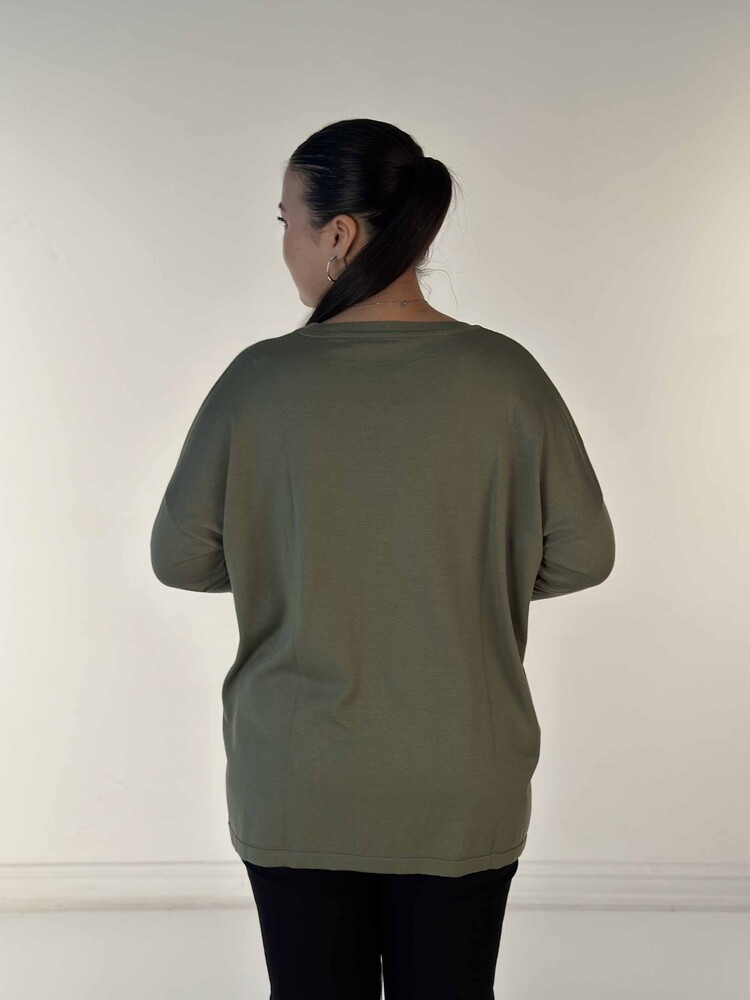 Maglione in maglia da donna all'ingrosso con ricamo in pietra a maniche lunghe color cachi - 30750 | CAZZO - 5