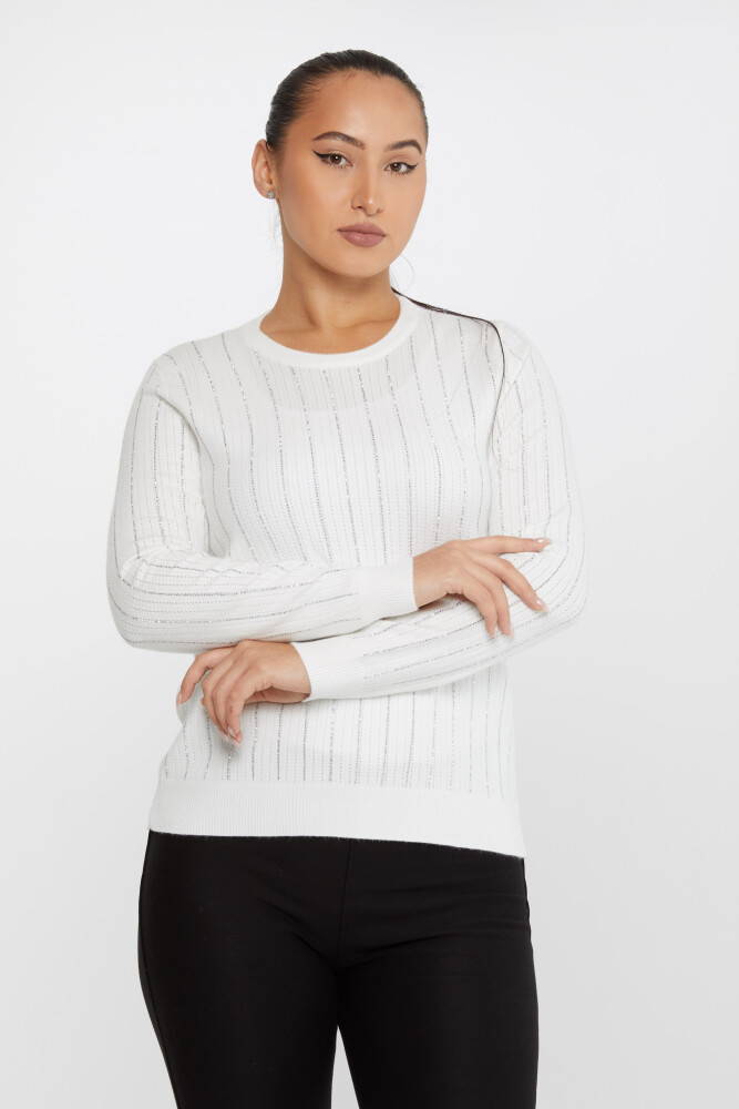 Pull En Maille Rayure Pierre Brodée Manches Longues Ecru - 31110 | KAZEE (Lot de 3 M-L-XL) - 1