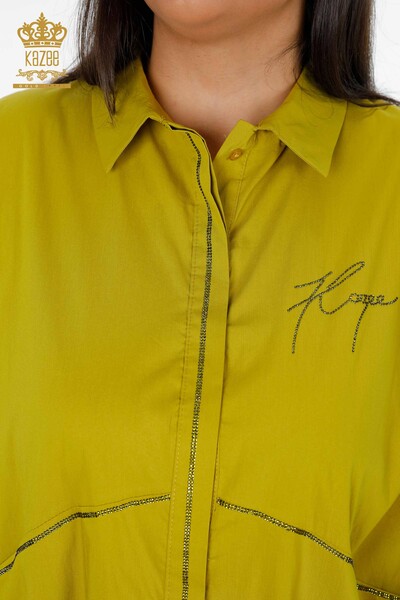 Venta al por mayor Camisa de mujer con bolsillo Crystal Stone bordado de algodón a rayas - 20203 | kazee - Thumbnail