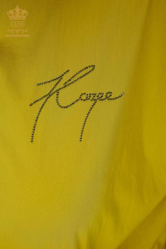 Venta al por mayor Camisa de mujer con bolsillo Crystal Stone bordado de algodón a rayas - 20203 | kazee
