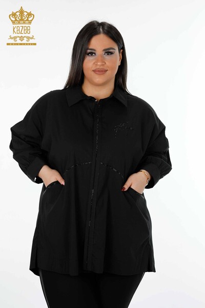 Venta al por mayor Camisa de mujer con bolsillo Crystal Stone bordado de algodón a rayas - 20203 | kazee - Thumbnail
