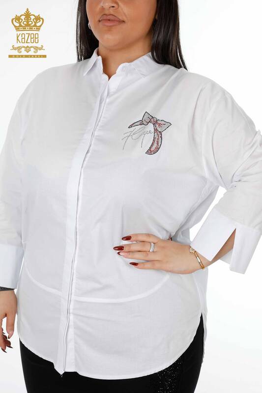 Venta al por mayor Camisa de mujer con estampado de piedra de cristal bordado en algodón - 20113 | kazee