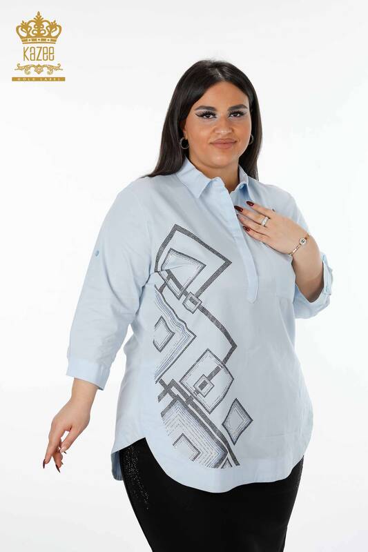 Venta al por mayor Camisa de mujer estampada con piedras de cristal bordadas de algodón - 20125 | kazee