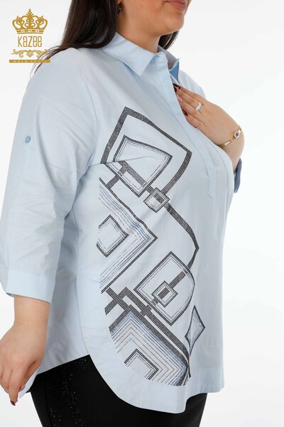 Venta al por mayor Camisa de mujer estampada con piedras de cristal bordadas de algodón - 20125 | kazee - Thumbnail