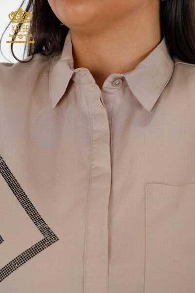 Venta al por mayor Camisa de mujer estampada con piedras de cristal bordadas de algodón - 20125 | kazee - Thumbnail