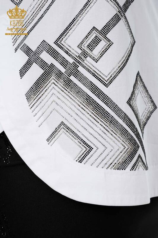 Venta al por mayor Camisa de mujer estampada con piedras de cristal bordadas de algodón - 20125 | kazee