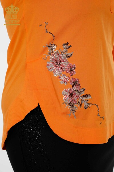 Venta al por mayor Camisa de Mujer Flor Bordada Bolsillo Detallado Color Piedra Bordado - 20112 | kazee - Thumbnail
