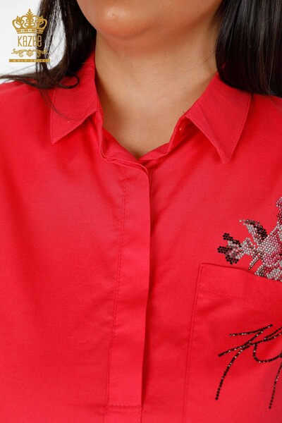 Venta al por mayor Camisa de Mujer Flor Bordada Bolsillo Detallado Color Piedra Bordado - 20112 | kazee - Thumbnail