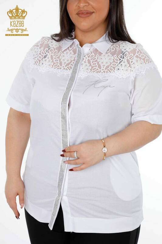 Venta al por mayor Camisa de mujer de tul con estampado detallado de piedras de cristal bordadas - 20211 | kazee