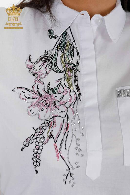 Venta al por mayor de la camisa de las mujeres bolsillo estampado floral bordado detallado - 20142 | kazee