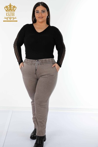 Venta al por mayor Pantalones De Mujer Con Cintura Elástica Kazee Escrito Marrón - 3502 | kazee - Thumbnail