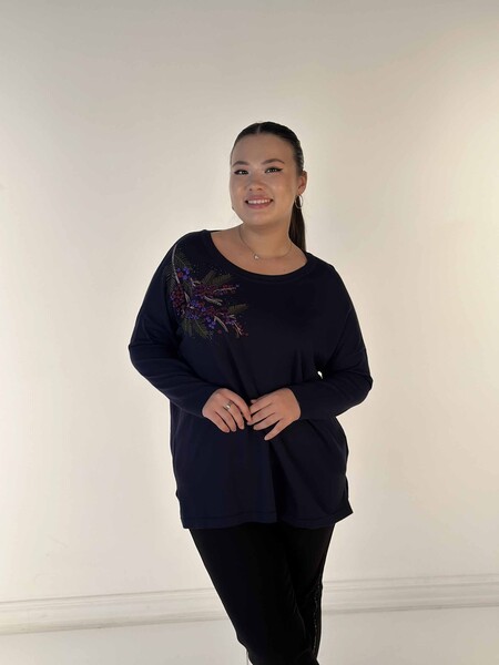 Venta al por mayor Suéter de Mujer de Punto con Bordado de Piedras Manga Larga Azul Marino - 30750 | KAZEE 