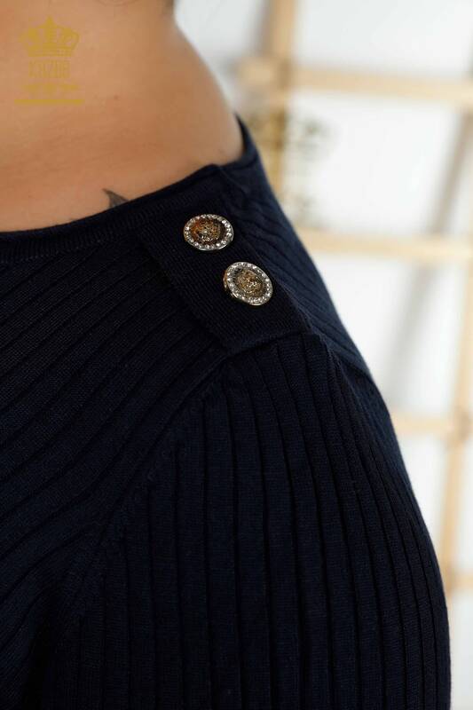 Venta al por mayor Suéter de punto para mujer Botón detallado Azul marino - 30045 | KAZEE