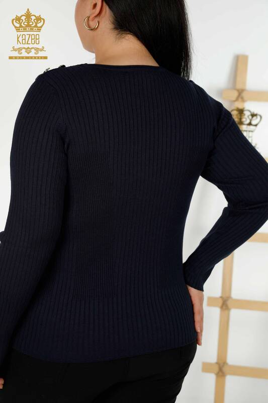 Venta al por mayor Suéter de punto para mujer Botón detallado Azul marino - 30045 | KAZEE
