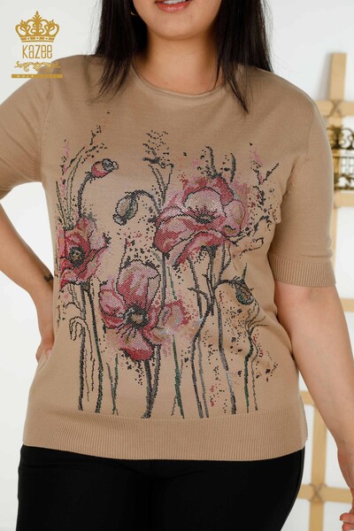 Venta al por mayor Suéter de Punto para Mujer con Estampado Floral Beige - 30214 | KAZEE - Thumbnail