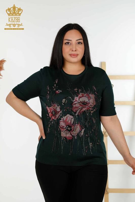 Venta al por mayor Suéter de punto para mujer con estampado floral Verde oscuro - 30214 | KAZEE
