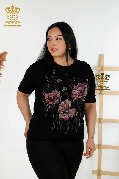 Venta al por mayor Suéter de punto para mujer con estampado floral Negro - 30214 | KAZEE - Thumbnail