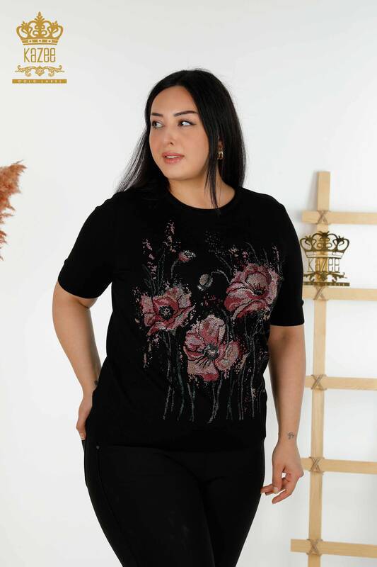 Venta al por mayor Suéter de punto para mujer con estampado floral Negro - 30214 | KAZEE