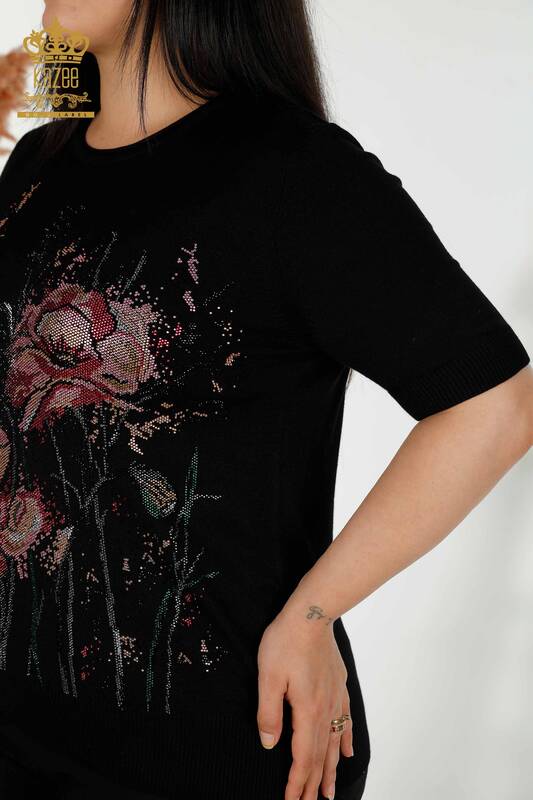 Venta al por mayor Suéter de punto para mujer con estampado floral Negro - 30214 | KAZEE