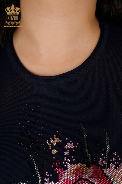 Venta al por mayor Suéter de punto para mujer con estampado floral Azul marino - 30214 | KAZEE - Thumbnail