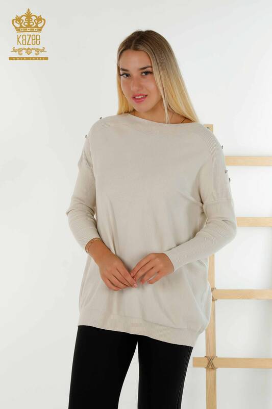 Venta al por mayor Suéter de Punto para Mujer Hombro Detallado Beige - 30192 | KAZEE