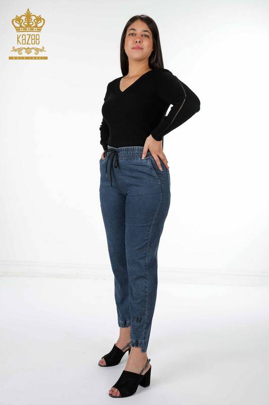 Venta al por mayor Pantalones de mujer con texto detallado en la cintura con lazo elástico - 3499 | kazee