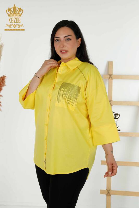 Venta al por mayor Camisa de mujer - Bolsillo - Piedra bordada - Amarillo - 20346 | kazee