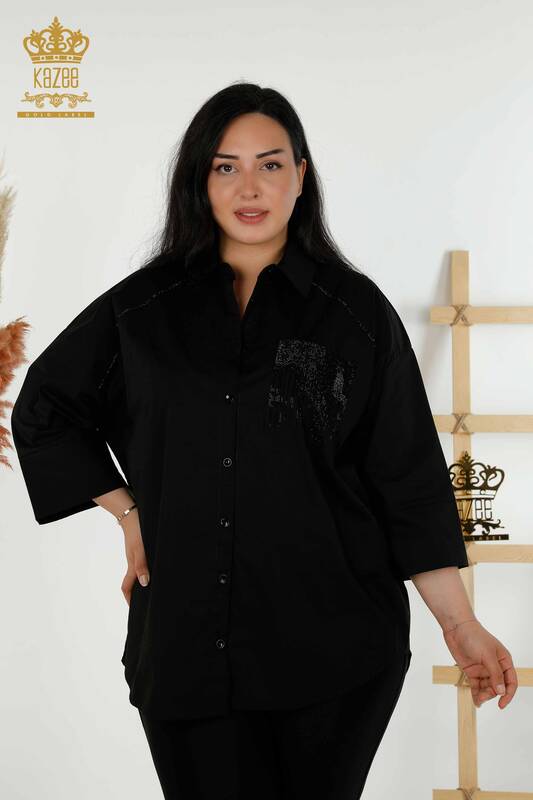 Venta al por mayor Camisa de mujer - Bolsillo Piedra bordada - Negra - 20346 | kazee