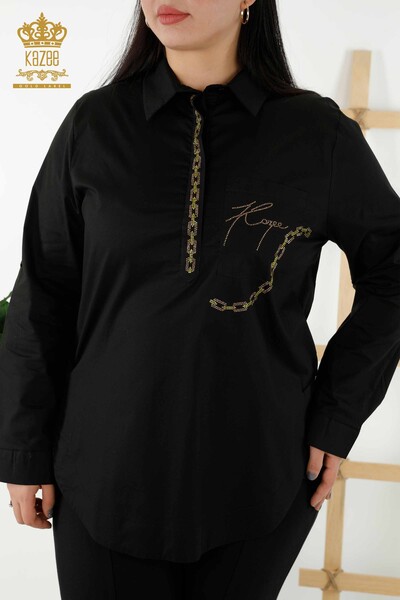 Venta al por mayor Camisa de Mujer - Espalda Estampado de Rosas - Negra - 20110 | kazee - Thumbnail