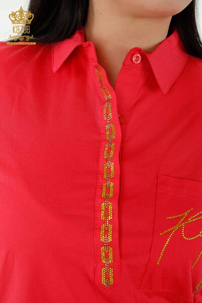 Venta al por mayor Camisa de mujer - Espalda Estampado de rosas - Coral - 20110 | kazee - Thumbnail