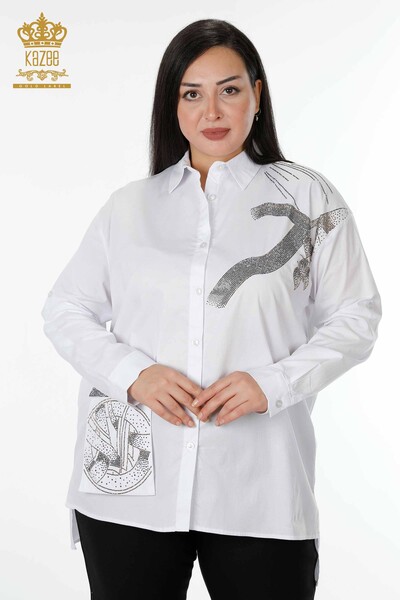 Venta al por mayor Camisa de Mujer Estampada Blanca Con Bolsillo - 20092 | kazee - Thumbnail