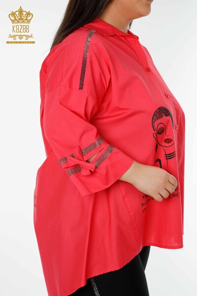 Venta al por mayor Camisa de Mujer Estampada Letra Detallada Coral - 17141 | kazee - Thumbnail