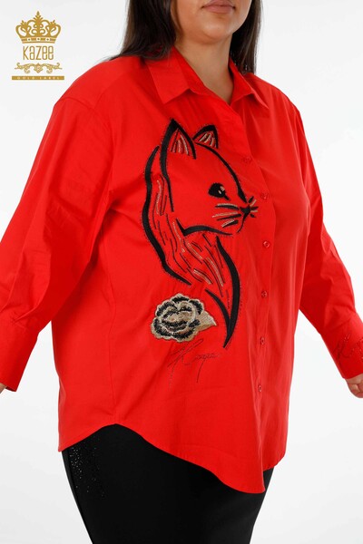 Kazee - Venta al por mayor Camisa de mujer con estampado de gato con detalle de rosa bordada en piedra - 20053 | kazee (1)