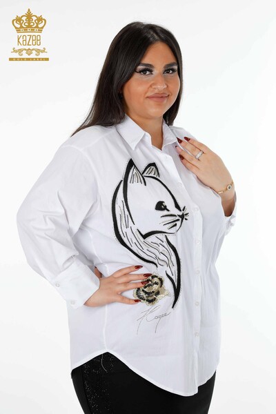 Venta al por mayor Camisa de mujer con estampado de gato con detalle de rosa bordada en piedra - 20053 | kazee - Thumbnail