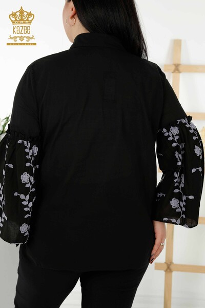 Venta al por mayor Camisa de Mujer - Manga con Bordado Floral - Negra - 20353 | kazee - Thumbnail