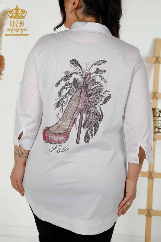 Venta al por mayor Camisa de mujer - Medio botón - Blanca - 20127 | kazee