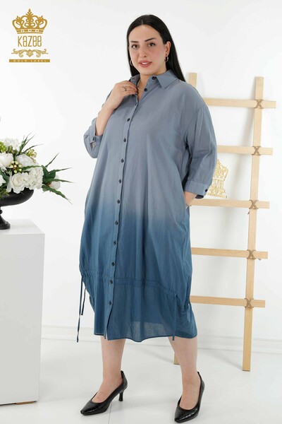 Venta al por mayor Vestido Camisero Mujer - Transición de Color - Con Bolsillos Azul Marino - 20365 | kazee - Thumbnail