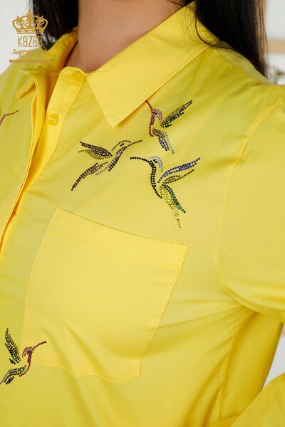 Venta al por mayor Camisa de mujer - Estampado de aves - Amarillo - 20129 | kazee - Thumbnail
