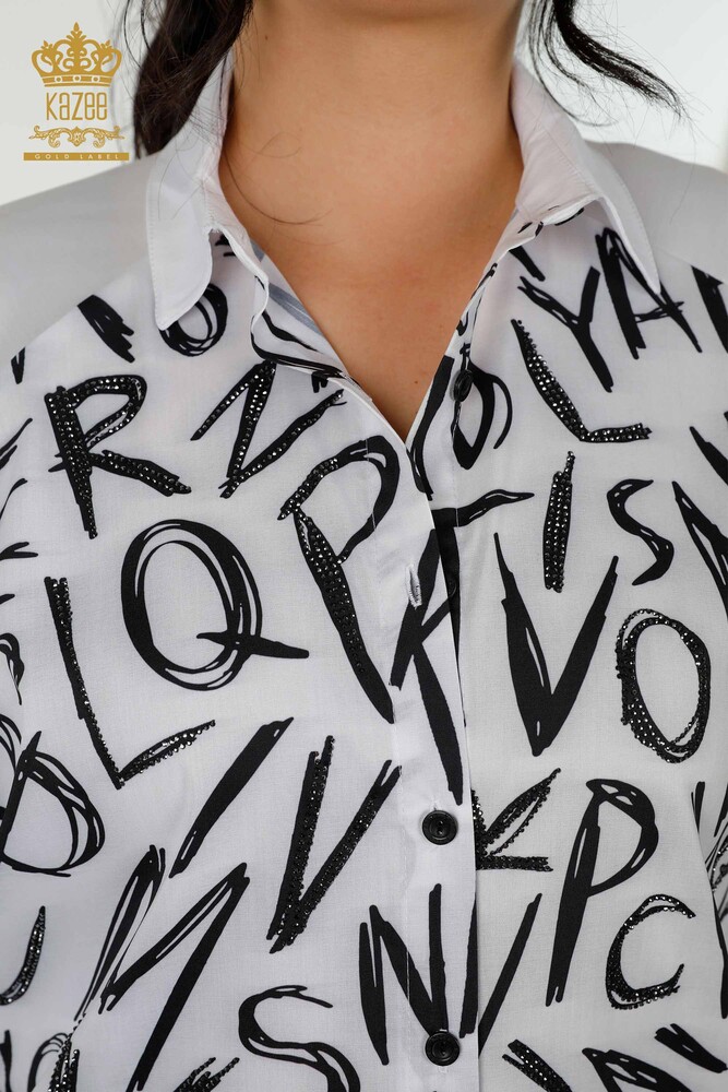 Venta al por mayor Camisa de mujer - Piedra bordada - Blanca - 20088 | kazee - 3