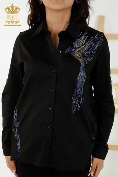 Venta al por mayor Camisa de mujer - Patrón de pájaro colorido - Negro - 20236 | kazee - Thumbnail