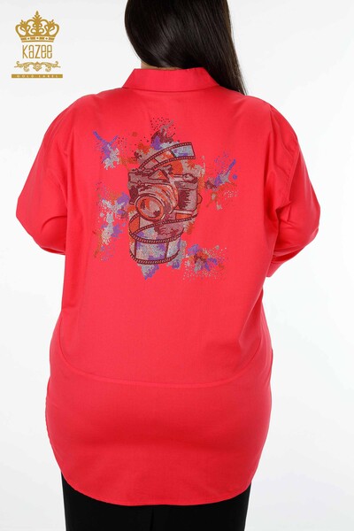 Venta al por mayor Camisa de Mujer Color Piedra Bordada Espalda Estampada Algodón - 20064 | kazee - Thumbnail