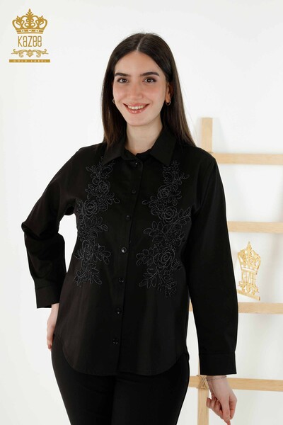 Venta al por mayor Camisa de Mujer - Floral Patrón - Negra - 20249 | kazee - Thumbnail
